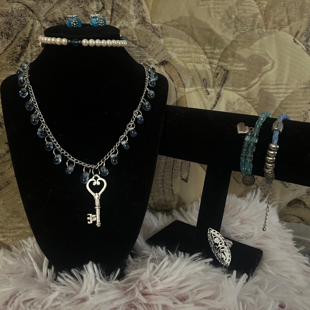 Blue Necklaces + Earrings + Bracelets + Size 8 Ring